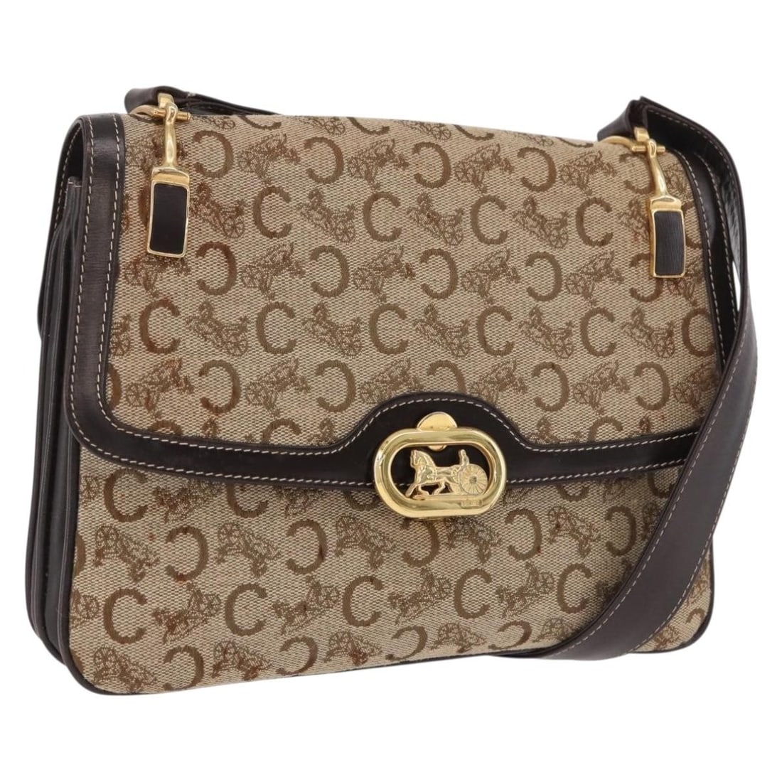 Celine Sulky Horse Carriage Canvas Shoulder Bag Beige Gold Tone: Celine Sulky Horse Carriage Canvas Shoulder Bag Beige Gold Tone Beige and gold canvas shoulder bag in a C Sulky Horse Carriage design, made in Italy. It comes with a guarantee card. The bag shows heav