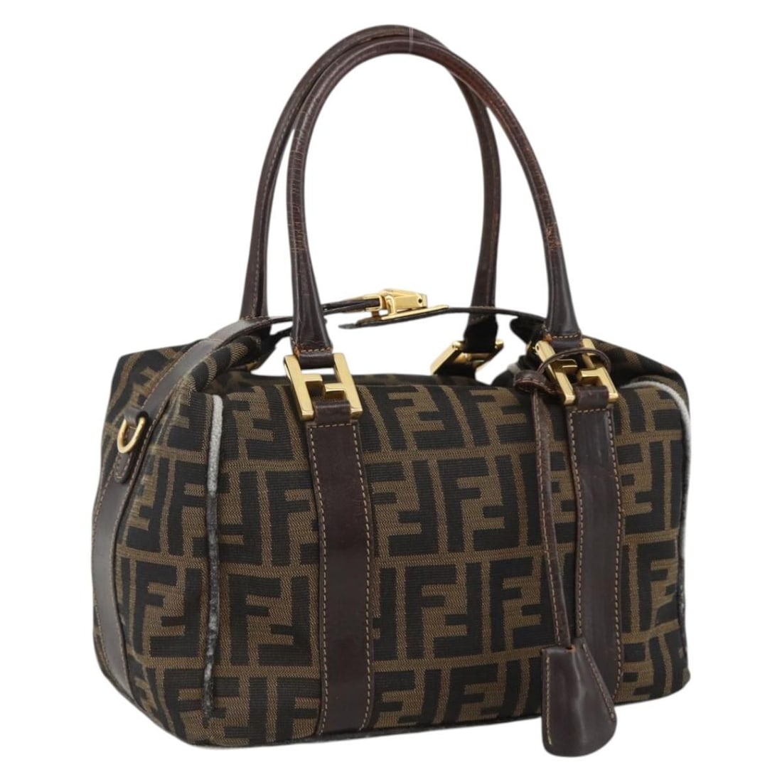 Fendi Zucca Canvas Handbag Black Brown with Key Clochette: Fendi Zucca Canvas Handbag Black Brown with Key Clochette Fendi Zucca canvas hand bag in black and brown, made in Italy. It comes with one key and a clochette. The bag is heavily used and shows visibl