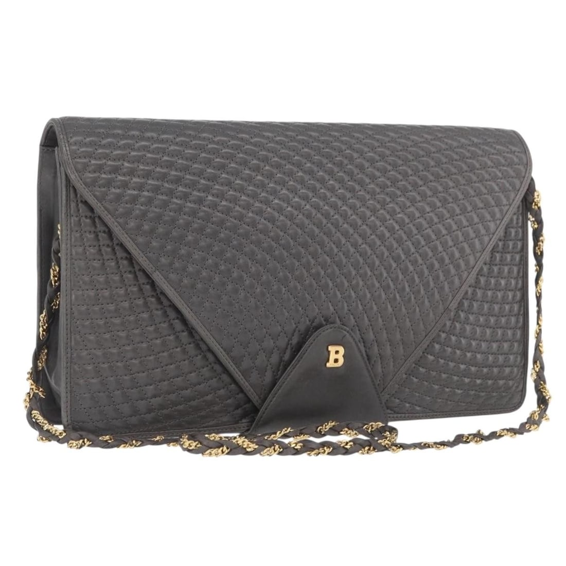 Gray Leather Shoulder Bag with Chain Strap by Bally Italy: Gray Leather Shoulder Bag with Chain Strap by Bally Italy This is a women's BALLY chain shoulder bag crafted from leather in gray and gold tones. Made in Italy, the bag features a structured silhouett