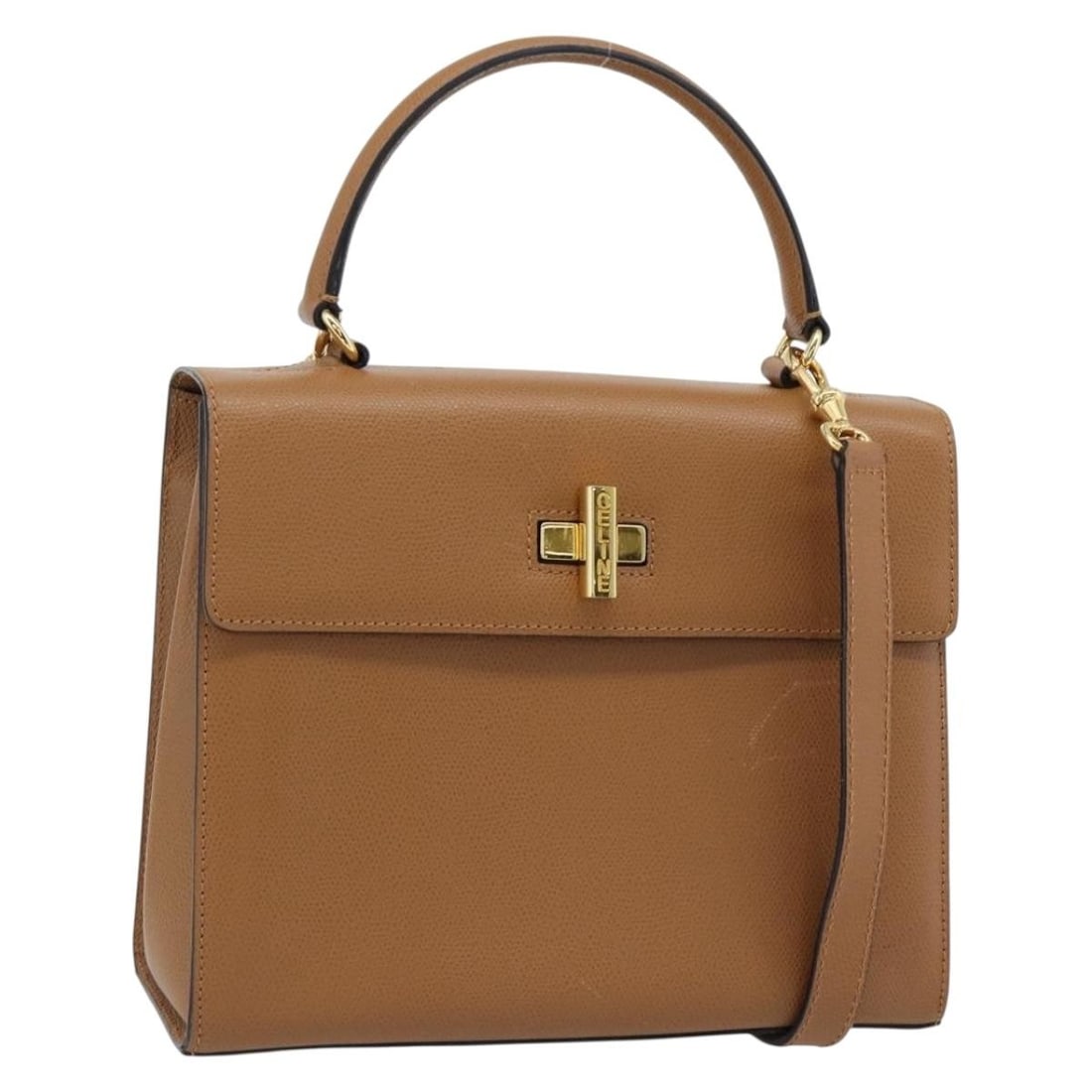CELINE Brown Leather 2way Handbag with Shoulder Strap Auth 182814: CELINE Brown Leather 2way Handbag with Shoulder Strap Auth 182814 CELINE hand bag in brown leather with gold-tone exterior accents. It is a women's 2-way style and comes with a shoulder strap and dust