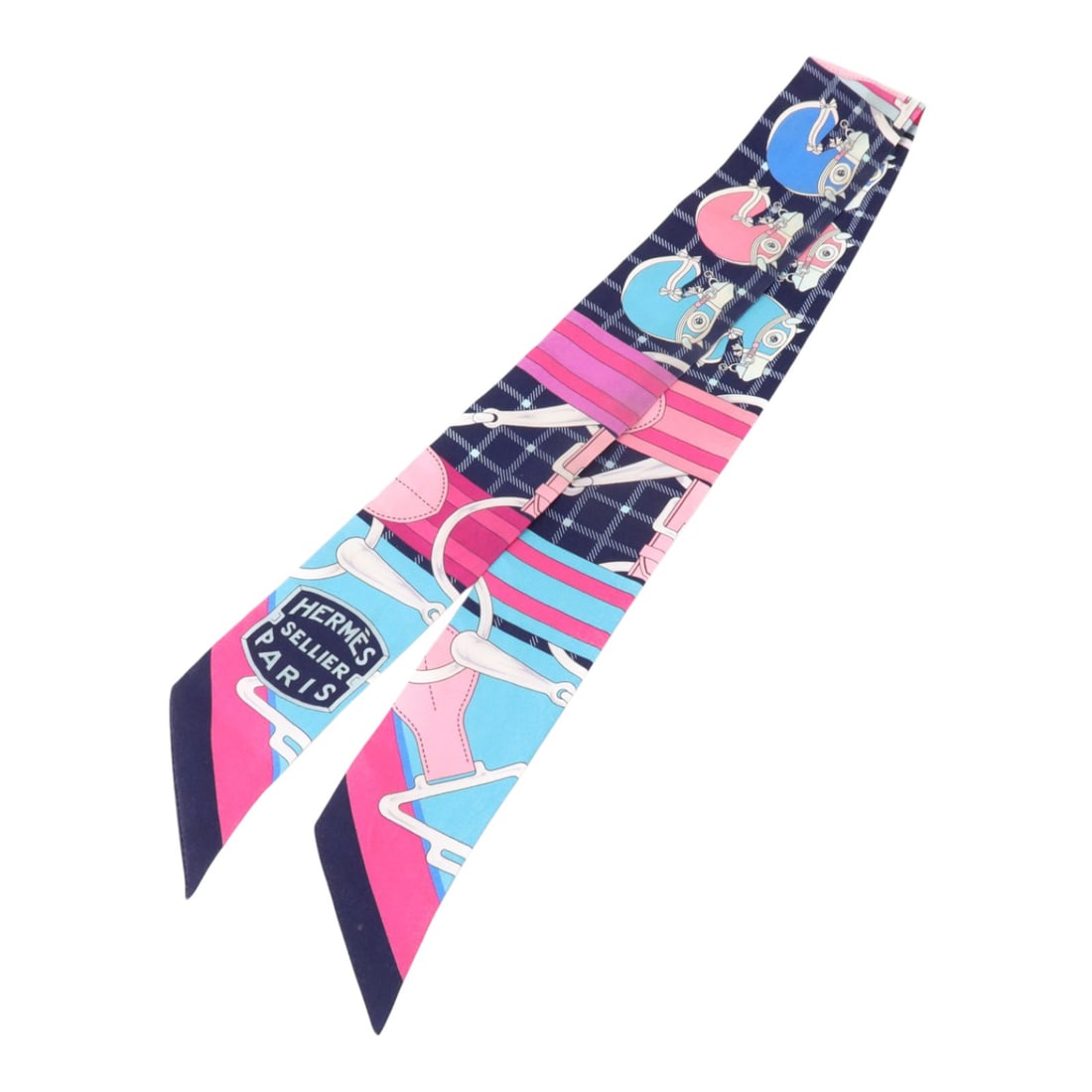 Hermes Twilly Silk Scarf Navy Pink Multicolor: Hermes Twilly Silk Scarf Navy Pink Multicolor A Hermes Twilly scarf in navy, pink, and multicolor silk. This item is listed in heavily used condition and measures 86 cm x 5 cm (33.9 x 2.0 in). Accesso