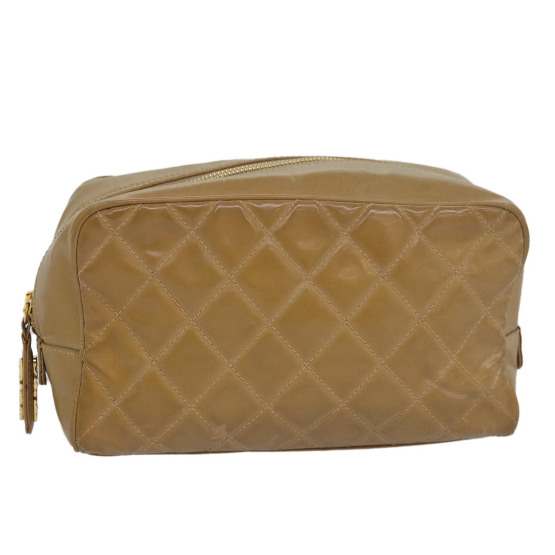CHANEL Beige Enamel Matelasse Pouch with Guarantee Card: CHANEL Beige Enamel Matelasse Pouch with Guarantee Card This CHANEL Matelasse pouch features a beige enamel exterior with lambskin accents. Designed for women, the pouch is made in Italy and includes 