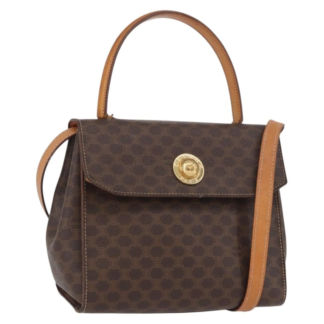 Celine Macadam Brown Canvas Convertible Handbag With Shoulder Strap: Celine Macadam Brown Canvas Convertible Handbag With Shoulder Strap This CELINE Macadam canvas handbag features a classic brown and gold color scheme and offers versatile carry options with both handl
