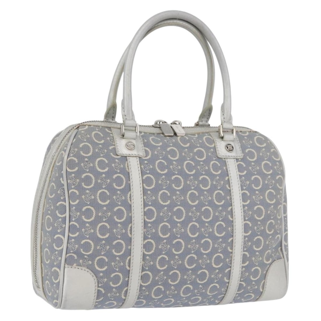 CELINE C Macadam Canvas Hand Bag Light Blue Silver Dust Bag: CELINE C Macadam Canvas Hand Bag Light Blue Silver Dust Bag CELINE women's handbag crafted from C Macadam canvas in a light blue and silver colorway. Made in Italy, it measures approximately 25 cm wid