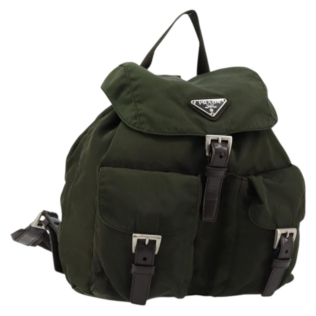Prada Khaki Brown Nylon Backpack Made in Italy: Prada Khaki Brown Nylon Backpack Made in Italy This PRADA backpack is crafted from nylon in a khaki and dark brown color combination. It features a backpack style with leather details and was made in 