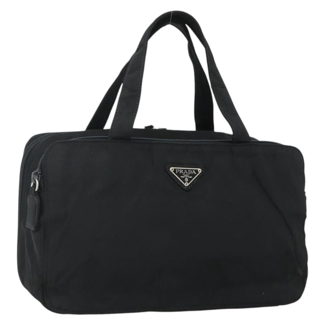 PRADA black nylon handbag with silver tone trim: PRADA black nylon handbag with silver tone trim Prada women's nylon handbag in black with silver-tone accents, made in Italy. This handbag has a compact silhouette and is offered without the original 