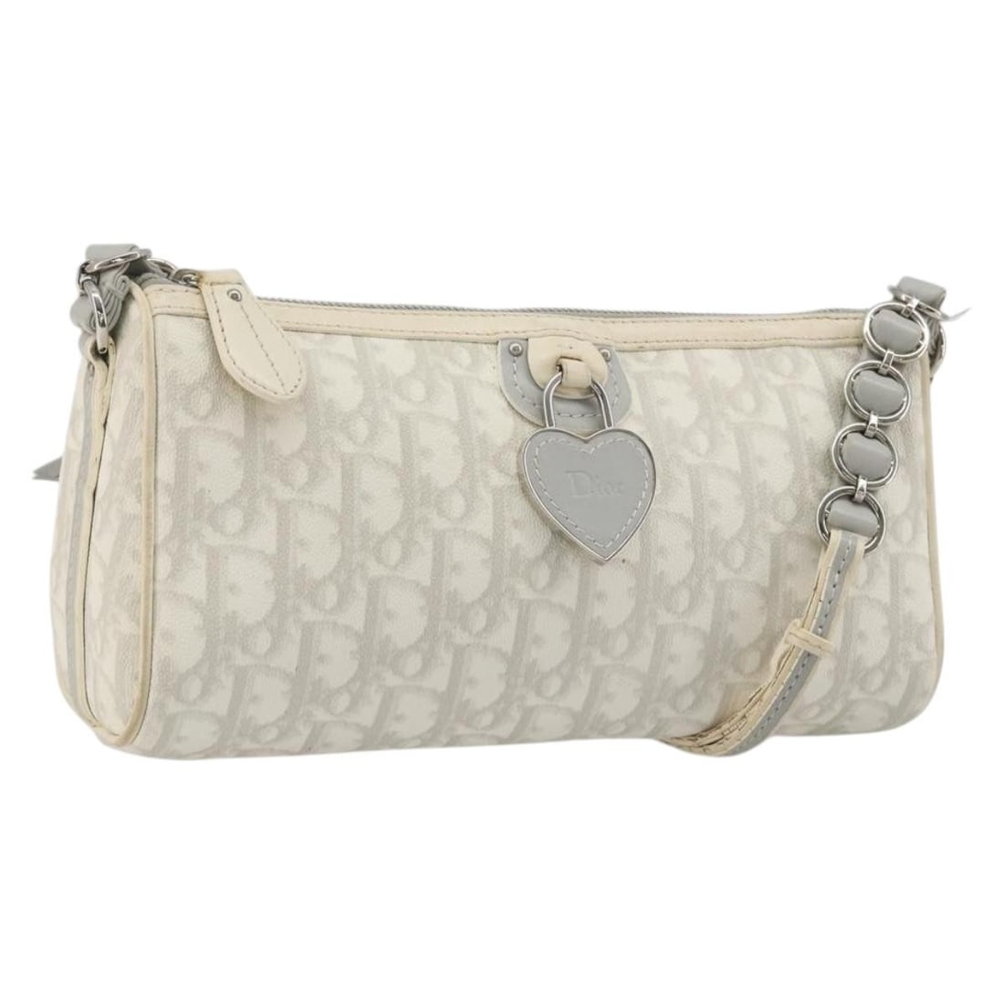 Christian Dior Romantic Shoulder Bag White Silver Trotter Canvas PVC: Christian Dior Romantic Shoulder Bag White Silver Trotter Canvas PVC Christian Dior Trotter Canvas Romantic Bag in white and silver, made from PVC leather and Trotter canvas. This shoulder bag is made