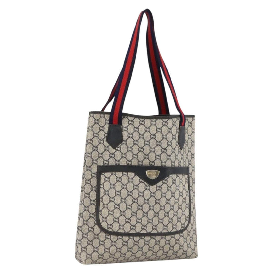 Gucci GG Plus Supreme navy gold tote bag PVC leather Italy: Gucci GG Plus Supreme navy gold tote bag PVC leather Italy This is a GUCCI GG Plus Supreme Sherry Line tote bag crafted from PVC leather and GG canvas in navy and gold tones. Designed for women, it fe