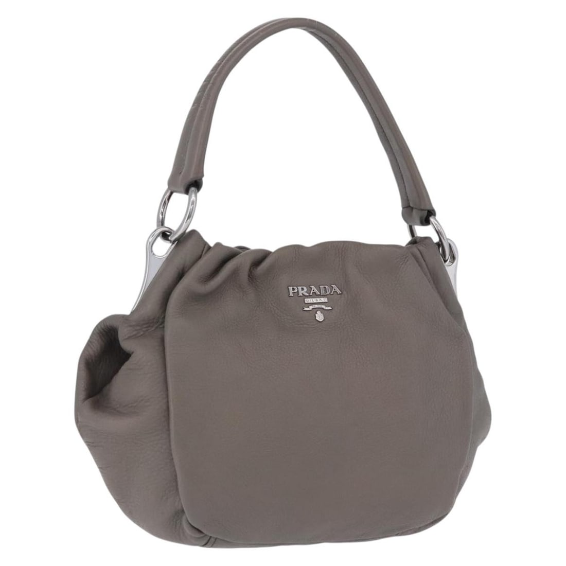 PRADA Gray Silver Leather Shoulder Bag with Name Tag Card: PRADA Gray Silver Leather Shoulder Bag with Name Tag Card Prada shoulder bag in leather with a gray and silver color scheme. Made in Italy, this women's bag features a shoulder strap drop of 6.3 inche