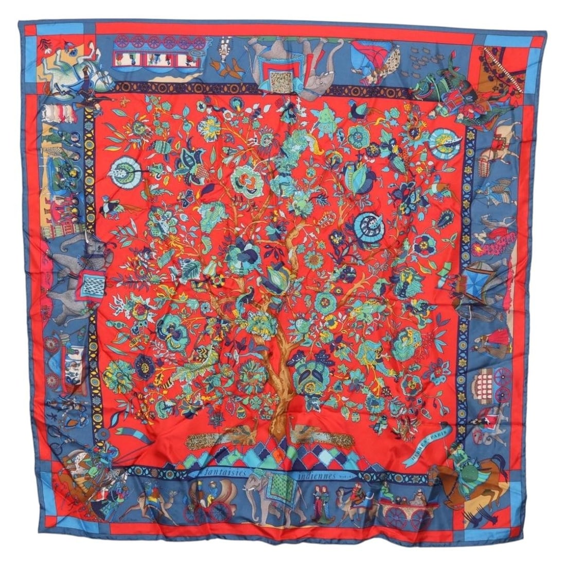Hermes Fantaisies Indiennes Carre 90 Silk Scarf Red France: Hermes Fantaisies Indiennes Carre 90 Silk Scarf Red France Hermes Carre 90 scarf in red silk, featuring the Fantaisies Indiennes design. Made in France, this scarf measures approximately 90 cm x 90 cm