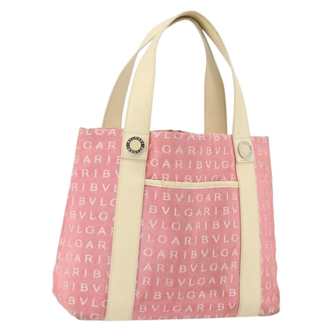 BVLGARI Logo Mania Pink Silver Canvas Hand Bag Auth MAELEA: BVLGARI Logo Mania Pink Silver Canvas Hand Bag Auth MAELEA Introducing the BVLGARI Logo Mania Hand Bag, a stylish and chic accessory that embodies Italian craftsmanship. This hand bag features a beaut