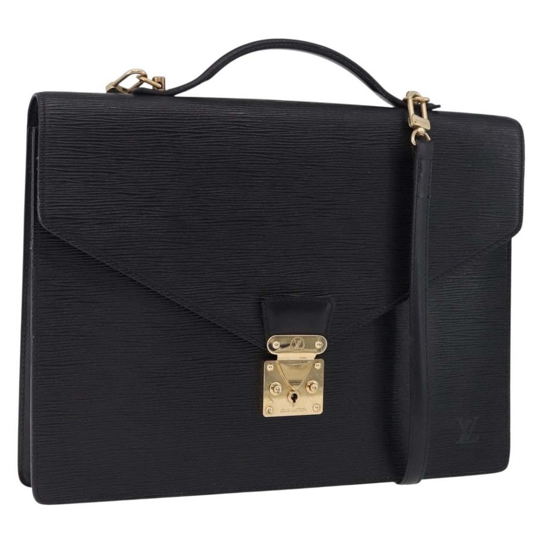 Louis Vuitton M54462 Epi Leather Business Bag with Shoulder Strap Black: Louis Vuitton M54462 Epi Leather Business Bag with Shoulder Strap Black Louis Vuitton Epi Porte Documents Bandouliere bag in black Epi leather, designed as a business bag for women. It includes a shou