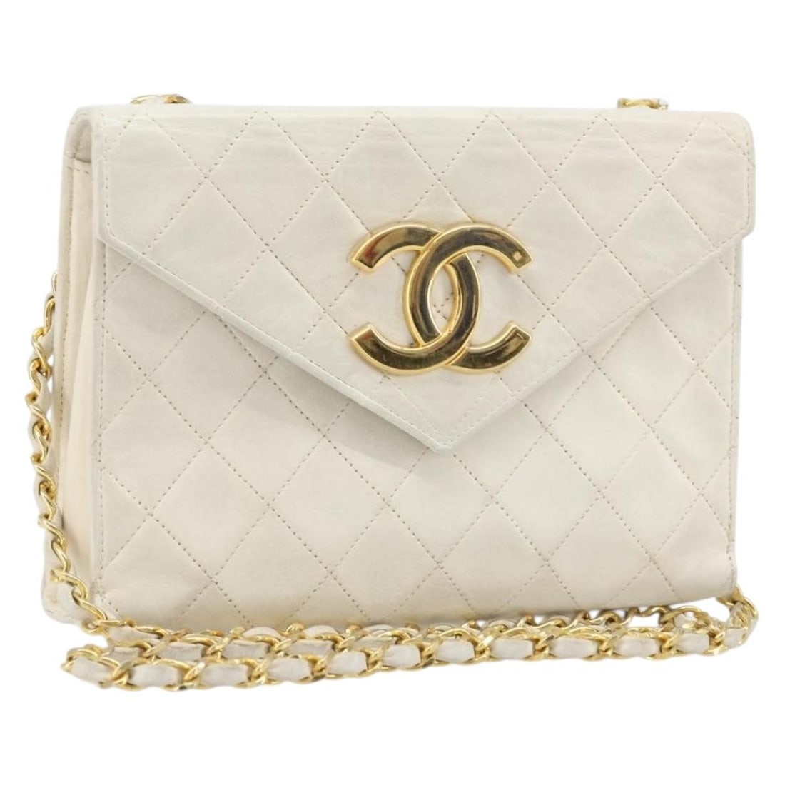 CHANEL Matelasse Lamb Skin Shoulder Bag White Gold CC: CHANEL Matelasse Lamb Skin Shoulder Bag White Gold CC CHANEL Matelasse chain shoulder bag in lamb skin with a white and gold colorway. Made in France, it features a shoulder strap drop of approximatel