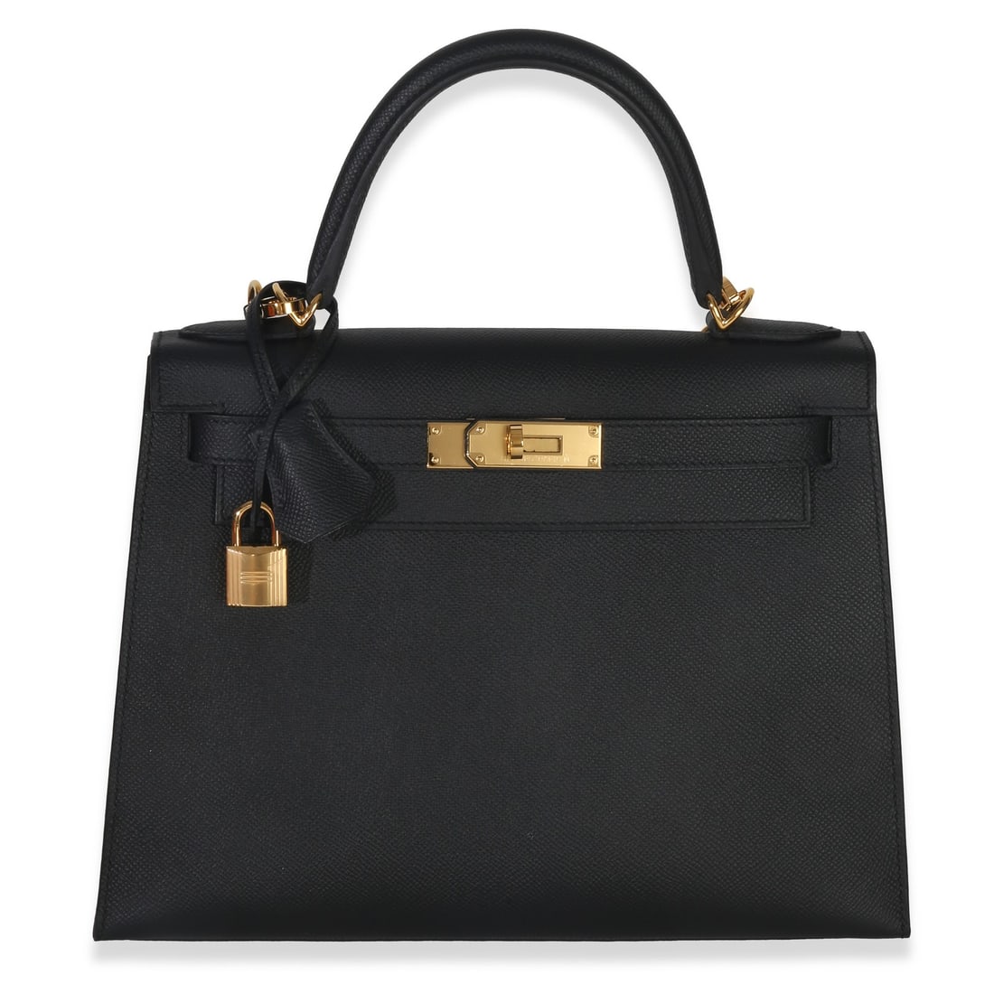 Black Epsom Leather Kelly 28 Sellier Shoulder Bag with Gold Hardware by Hermes: Black Epsom Leather Kelly 28 Sellier Shoulder Bag with Gold Hardware by Hermes This Hermes Kelly 28 Sellier handbag is crafted from black Epsom leather with a structured silhouette and gold-tone hardw