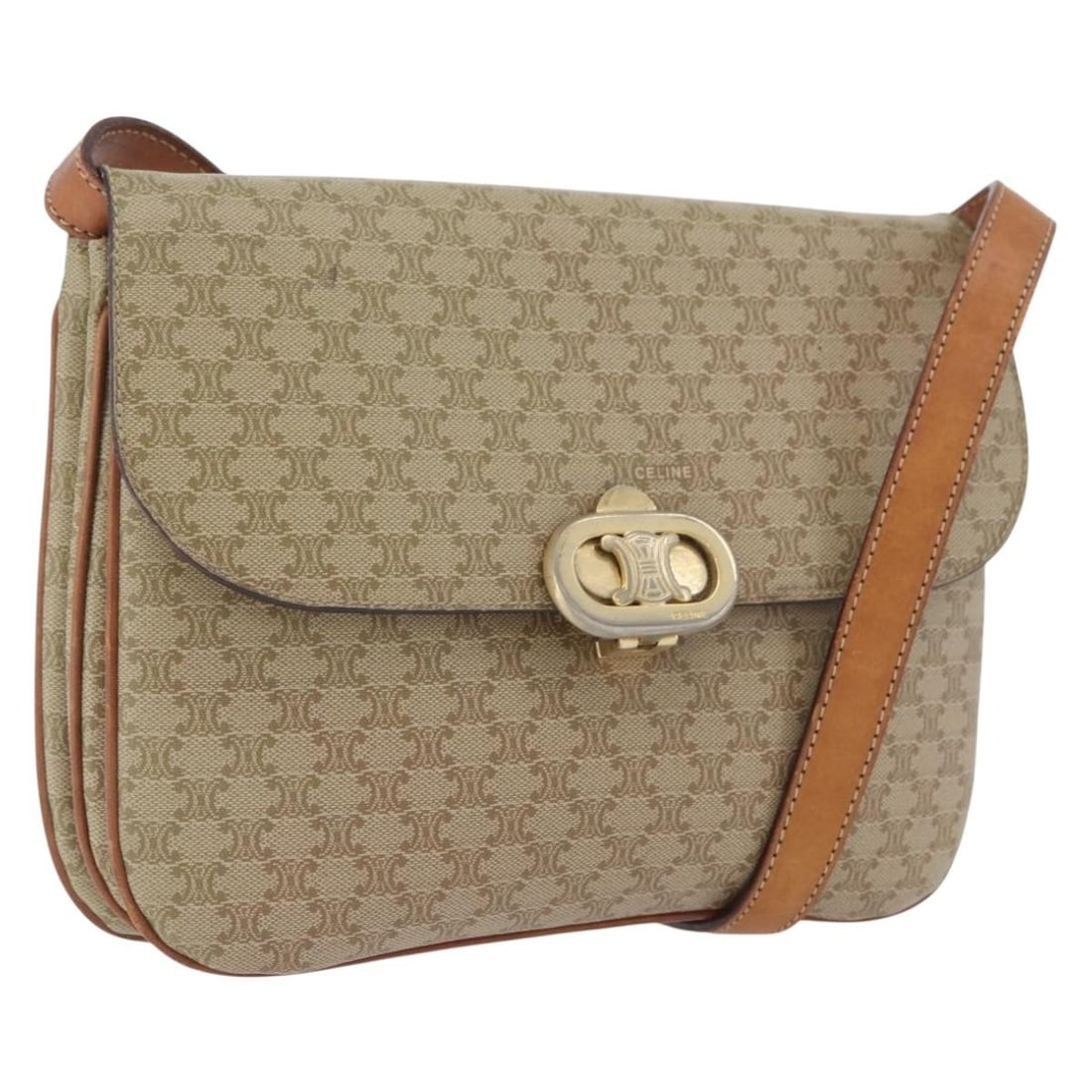 Celine Macadam PVC Canvas Shoulder Bag Beige Gold Tone: Celine Macadam PVC Canvas Shoulder Bag Beige Gold Tone A CELINE shoulder bag in beige and gold, crafted from PVC leather and Macadam canvas. It measures approximately W23 cm x H18 cm x D3 cm, with a s