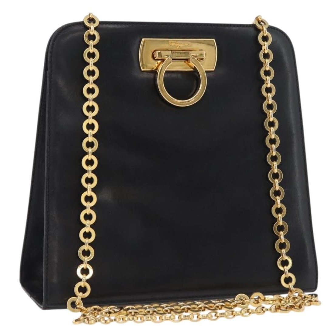 Black Leather Shoulder Bag Salvatore Ferragamo Gancini Gold Tone: Black Leather Shoulder Bag Salvatore Ferragamo Gancini Gold Tone A Salvatore Ferragamo Gancini shoulder bag in black leather with gold-tone hardware, made in Italy. It has a structured shoulder bag st