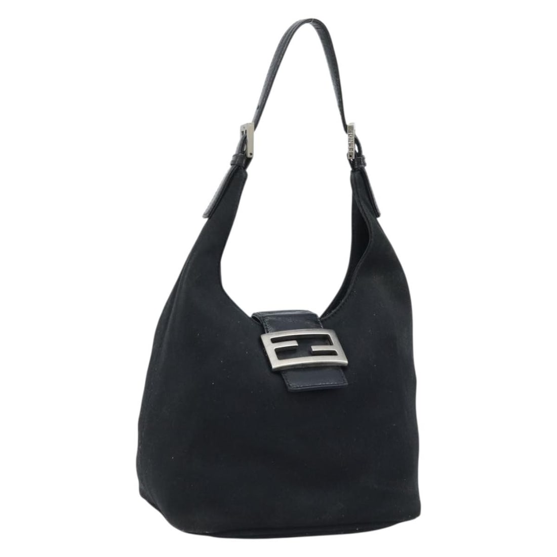 Black Nylon FENDI Handbag Silver Tone Made in Italy: Black Nylon FENDI Handbag Silver Tone Made in Italy FENDI hand bag in black and silver nylon, made in Italy. The bag has an approximate size of W 19 cm x H 27 cm x D 13 cm, with a handle drop of appro