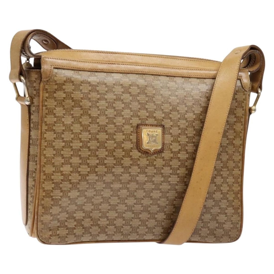 CELINE Macadam Canvas Beige Gold Shoulder Bag Italy: CELINE Macadam Canvas Beige Gold Shoulder Bag Italy This CELINE Macadam Canvas shoulder bag features a beige and gold exterior with the signature Macadam pattern. Designed for women, it offers a pract