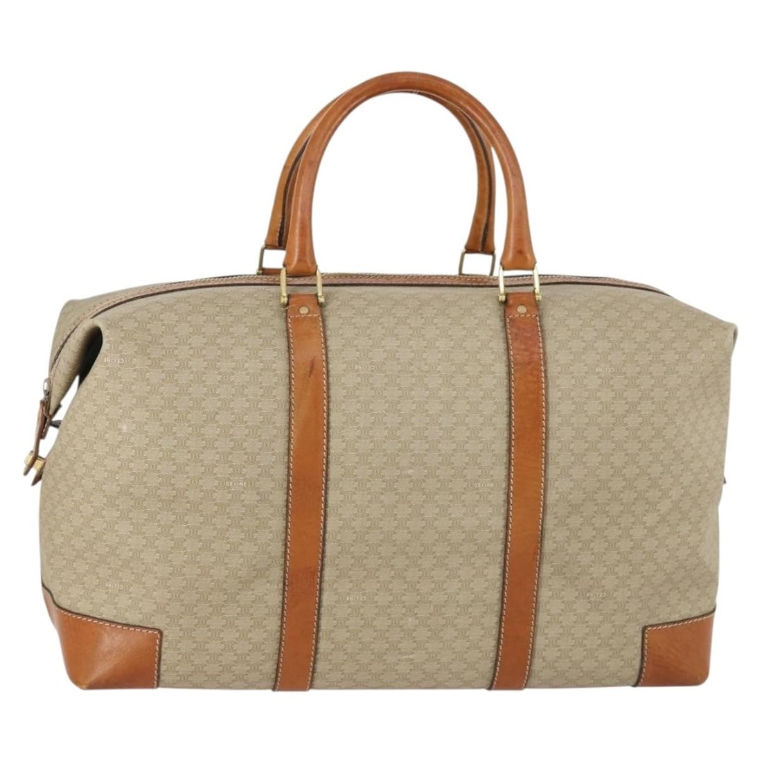 CELINE Macadam Boston Bag Beige PVC Leather Italy: CELINE Macadam Boston Bag Beige PVC Leather Italy A CELINE Boston bag in beige and gold, made from PVC leather and Macadam canvas. Made in Italy, this women's bag features a structured Boston bag silh