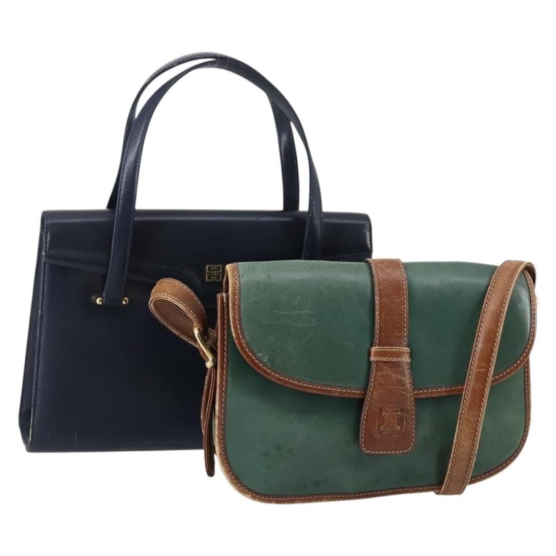 CELINE Leather Hand Bag Set in Navy Green Authentic BA8093: CELINE Leather Hand Bag Set in Navy Green Authentic BA8093 This CELINE Givenchy Hand Bag Set features a stylish combination of navy and green leather, perfect for making a fashion statement. The set i