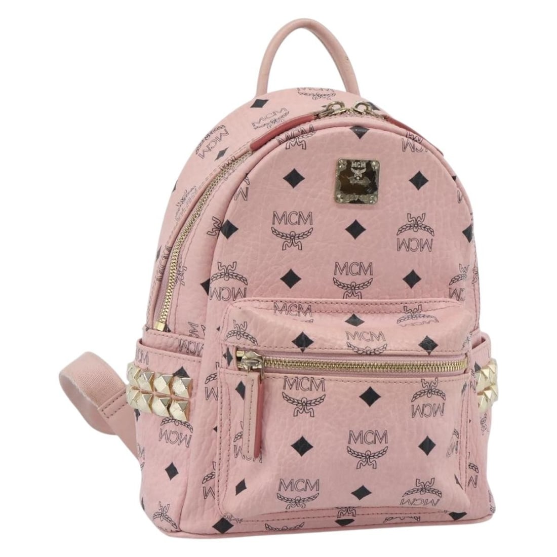 MCM Pink Gold PVC Leather Vicetos Logogram Backpack: MCM Pink Gold PVC Leather Vicetos Logogram Backpack MCM Vicetos Logogram backpack in pink and gold PVC leather, made in Korea. This women's backpack measures approximately 20 cm W x 24 cm H x 10 cm D 