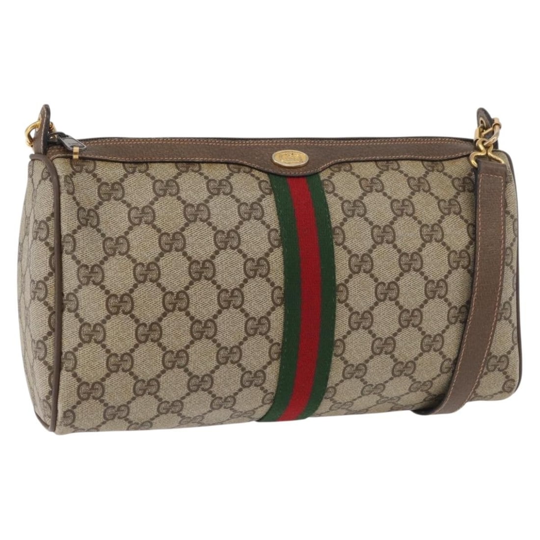 Gucci Sherry Line beige gold shoulder bag PVC leather 89 02 017: Gucci Sherry Line beige gold shoulder bag PVC leather 89 02 017 This GUCCI GG Supreme Web Sherry Line shoulder bag features a beige and gold exterior crafted from PVC leather and GG canvas. Designed f