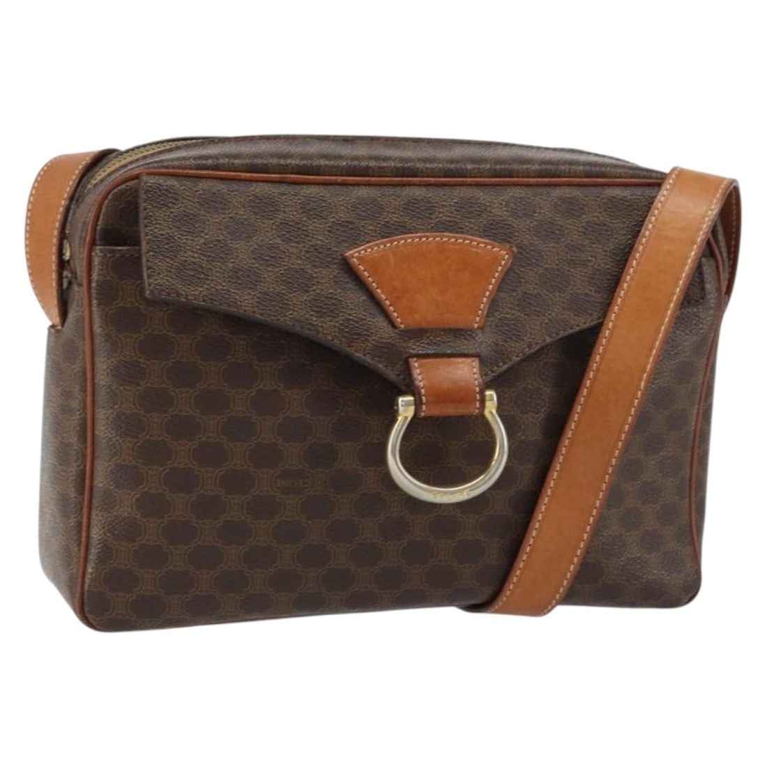 CELINE Macadam Canvas Shoulder Bag Brown Gold PVC Leather Auth: CELINE Macadam Canvas Shoulder Bag Brown Gold PVC Leather Auth Introducing the CELINE Macadam Canvas Shoulder Bag, a stylish blend of elegance and functionality. Crafted in Italy, this shoulder bag fe