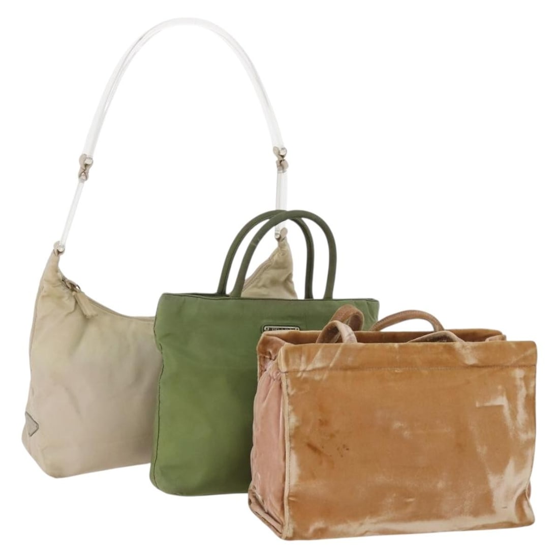 Set of 3 Prada nylon shoulder bags in brown beige green: Set of 3 Prada nylon shoulder bags in brown beige green PRADA shoulder bag set in nylon with a brown, beige, and green exterior. Made in Italy, this special set sale is offered in heavily used conditi