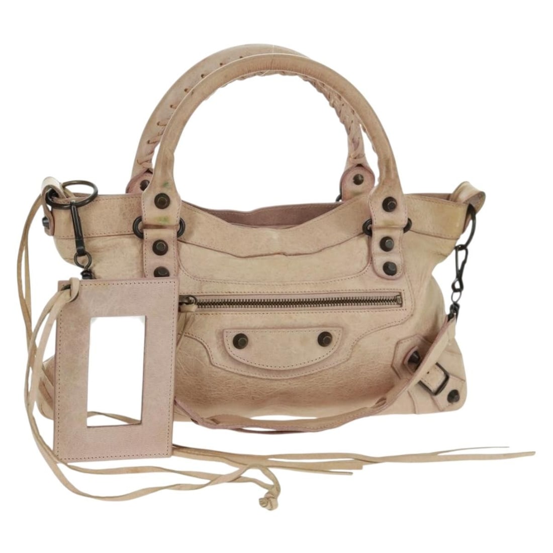 Balenciaga The First Pink Leather 2way Handbag with Strap Mirror: Balenciaga The First Pink Leather 2way Handbag with Strap Mirror Balenciaga The First handbag in pink leather with a 2way design. It includes a shoulder strap and mirror, and was made in Italy. The ba