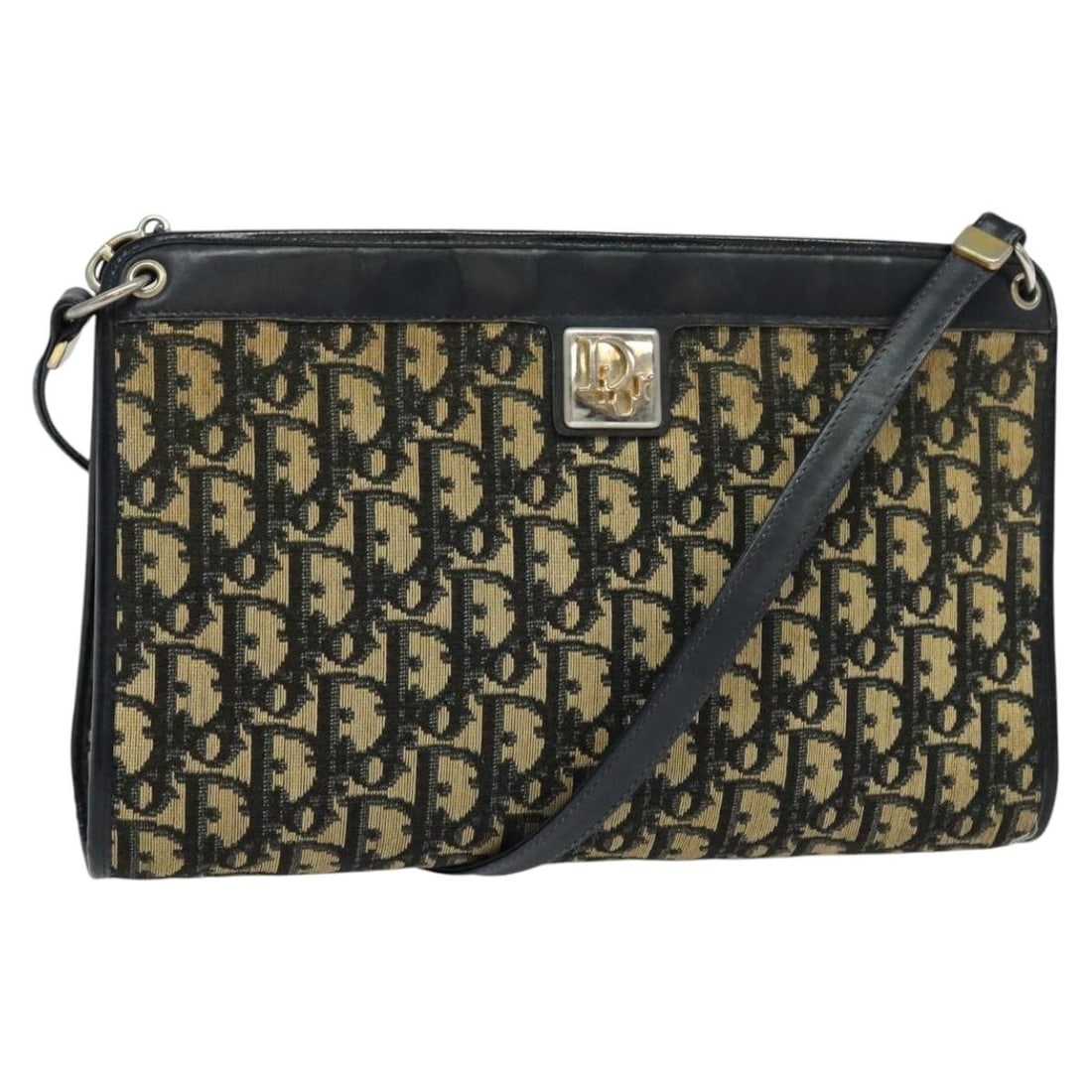 Christian Dior Trotter Shoulder Bag in Navy Gold Canvas: Christian Dior Trotter Shoulder Bag in Navy Gold Canvas Christian Dior shoulder bag in Trotter canvas with a navy and gold exterior. Made in France, this women's bag measures approximately 29 cm wide,