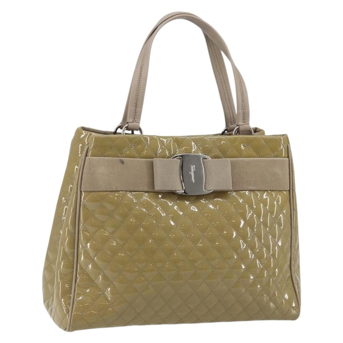 Salvatore Ferragamo Vala Tote Bag Khaki Silver Enamel Auth FJ-21 E044: Salvatore Ferragamo Vala Tote Bag Khaki Silver Enamel Auth FJ-21 E044 Elevate your accessory collection with the Salvatore Ferragamo Vala Tote Bag, a stylish and functional piece crafted in Italy. Thi