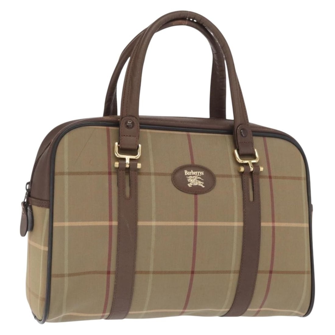 Burberrys Nova Check Khaki Canvas Handbag with Gold Accents: Burberrys Nova Check Khaki Canvas Handbag with Gold Accents This Burberrys Nova Check hand bag features a classic khaki and gold color scheme and is crafted from durable canvas. The bag has a structur