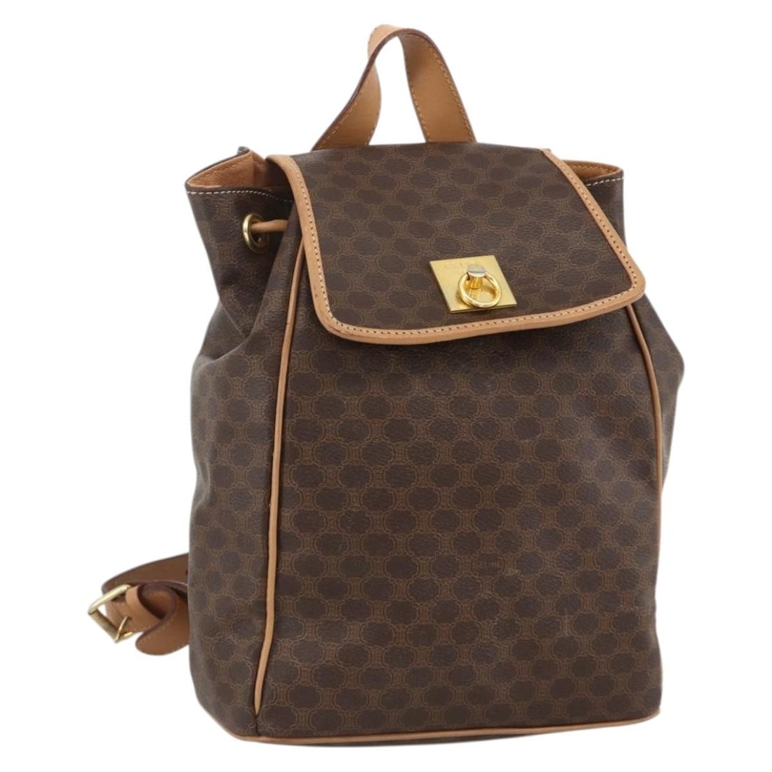 CELINE Macadam Backpack Brown PVC Leather Gold Tone: CELINE Macadam Backpack Brown PVC Leather Gold Tone Celine Macadam canvas backpack in brown with gold-tone accents, crafted with PVC leather trim. Made in Italy, this women's backpack is offered witho