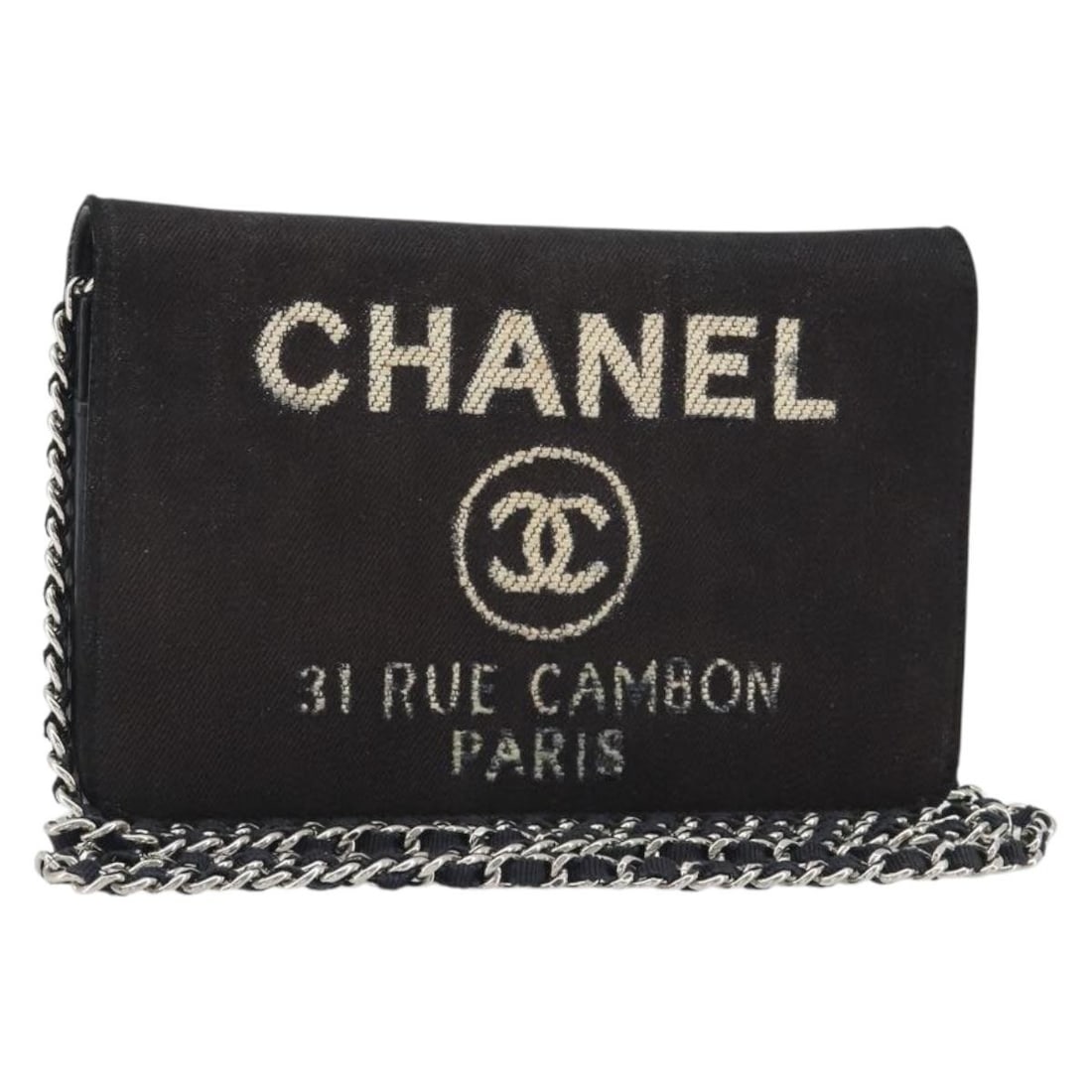 CHANEL CC Canvas Shoulder Bag Black Silver Tone With Guarantee Card: CHANEL CC Canvas Shoulder Bag Black Silver Tone With Guarantee Card Black and silver CHANEL chain shoulder bag in canvas, made in Italy. It features a shoulder bag style and comes with a guarantee car