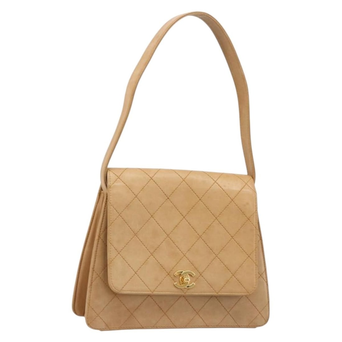 CHANEL CC Beige Lamb Skin Shoulder Bag Gold Tone: CHANEL CC Beige Lamb Skin Shoulder Bag Gold Tone CHANEL Matelasse shoulder bag in beige and gold lamb skin, made in France. This women's shoulder bag features the Matelasse style with a shoulder strap