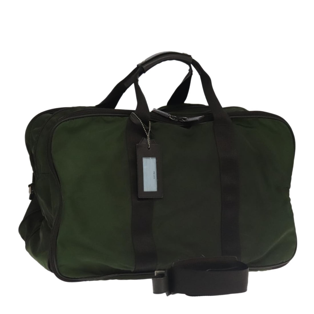 PRADA 2way Nylon Boston Bag Khaki Silver with Strap and Padlock: PRADA 2way Nylon Boston Bag Khaki Silver with Strap and Padlock PRADA Boston Bag in khaki nylon with silver-tone details. This 2-way bag was made in Italy and comes with a shoulder strap, padlock, clo