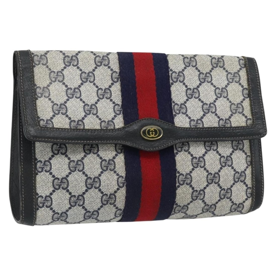 Gucci Sherry Line Navy Red PVC Clutch Bag 89 01 006: Gucci Sherry Line Navy Red PVC Clutch Bag 89 01 006 This GUCCI GG Supreme Sherry Line Clutch Bag features a navy and red color scheme crafted from PVC leather and GG canvas. Made in Italy, this women'