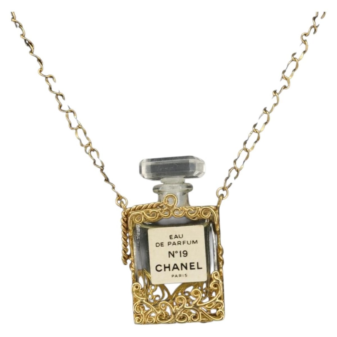 CHANEL gold metal perfume pendant necklace: CHANEL gold metal perfume pendant necklace This CHANEL necklace features a gold-tone metal design with the iconic CC logo. The necklace measures approximately 65 cm (25.6 inches) in total length and i