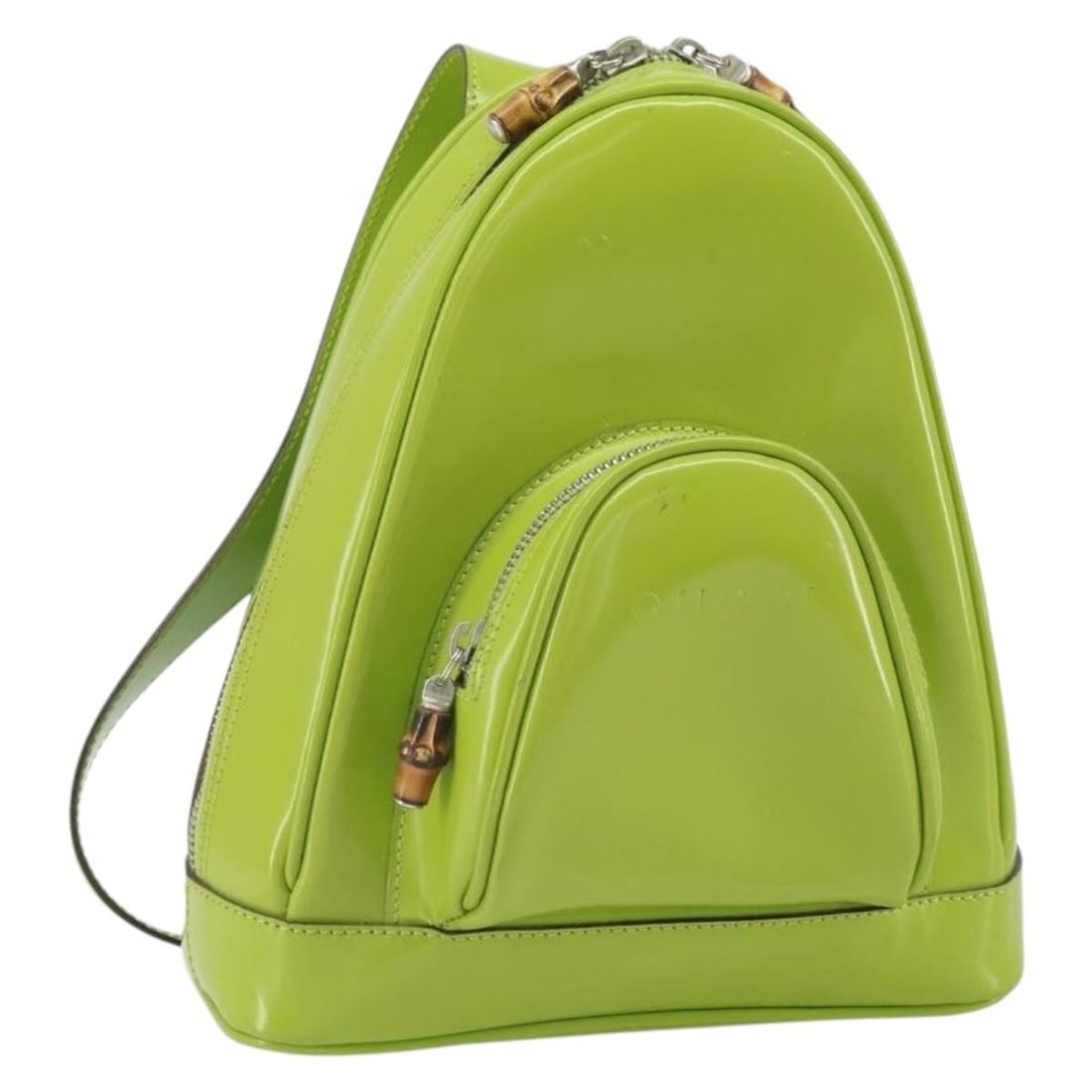 Gucci Bamboo patent leather women backpack Italy 21cm: Gucci Bamboo patent leather women backpack Italy 21cm This GUCCI Bamboo Backpack is crafted from patent leather in a silver and light green color combination. Designed for women, it features a compact