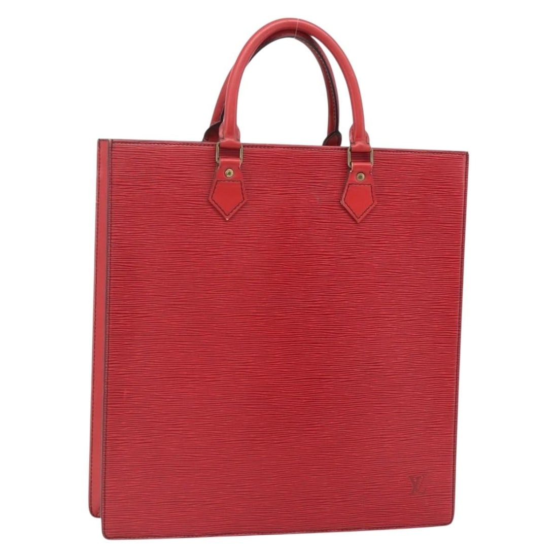 Red Epi Leather Sac Plat Handbag Louis Vuitton M5274E: Red Epi Leather Sac Plat Handbag Louis Vuitton M5274E Louis Vuitton Epi Sac Plat handbag in red Epi leather, made in France. This item is a heavily used hand bag with visible wear throughout, includin