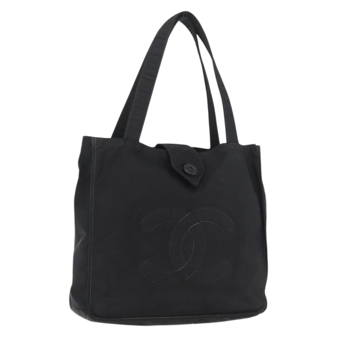 CHANEL Black Nylon CC Logo Top Handle Bag France: CHANEL Black Nylon CC Logo Top Handle Bag France This CHANEL handbag is crafted from black nylon and features silver-tone accents, including the signature CC logo. Designed for women, it offers a spac