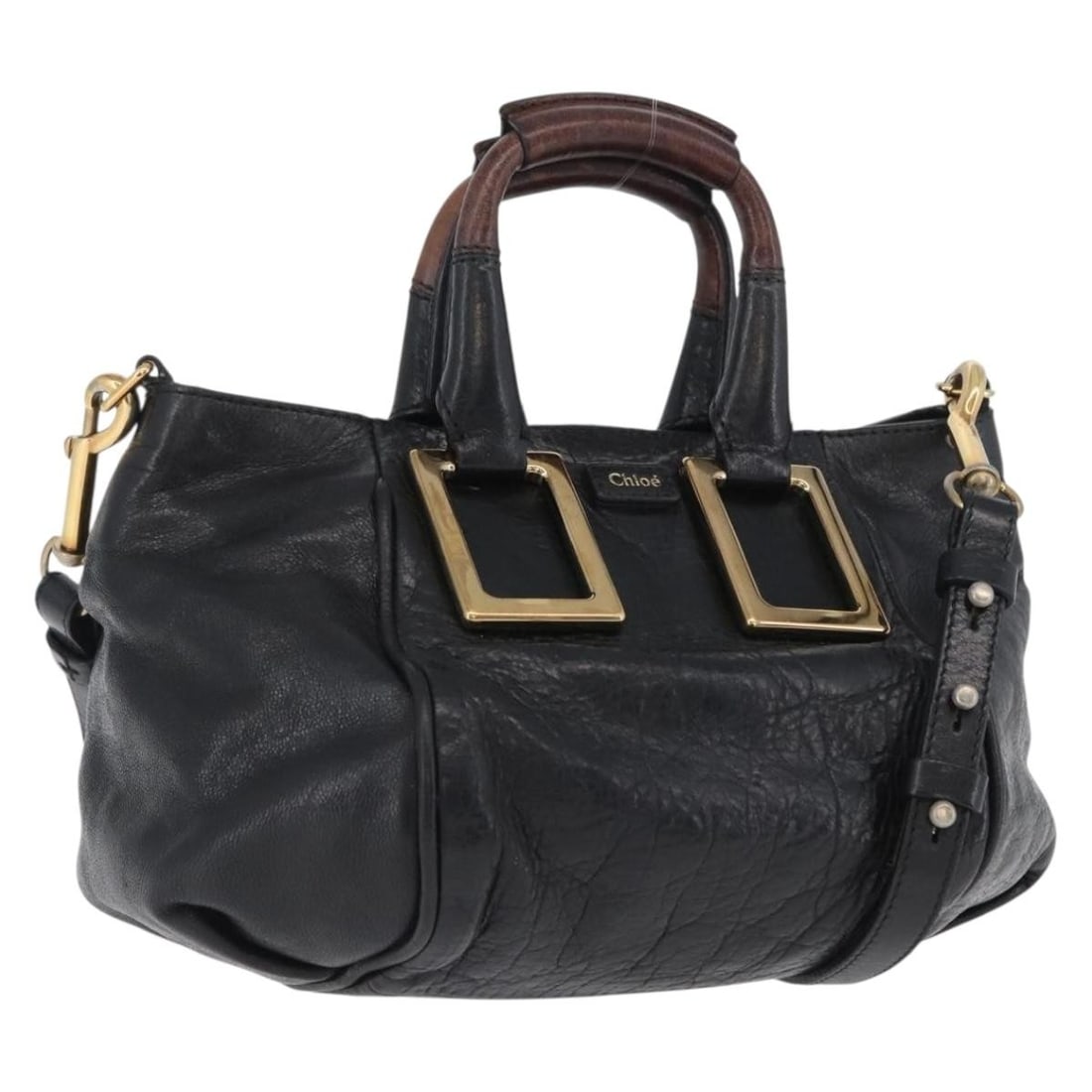 Chloe Etel Black Leather Convertible Handbag with Gold Accents and Shoulder Strap: Chloe Etel Black Leather Convertible Handbag with Gold Accents and Shoulder Strap This Chloe Etel 2-way handbag features black leather with gold-tone accents and includes both a shoulder strap and han