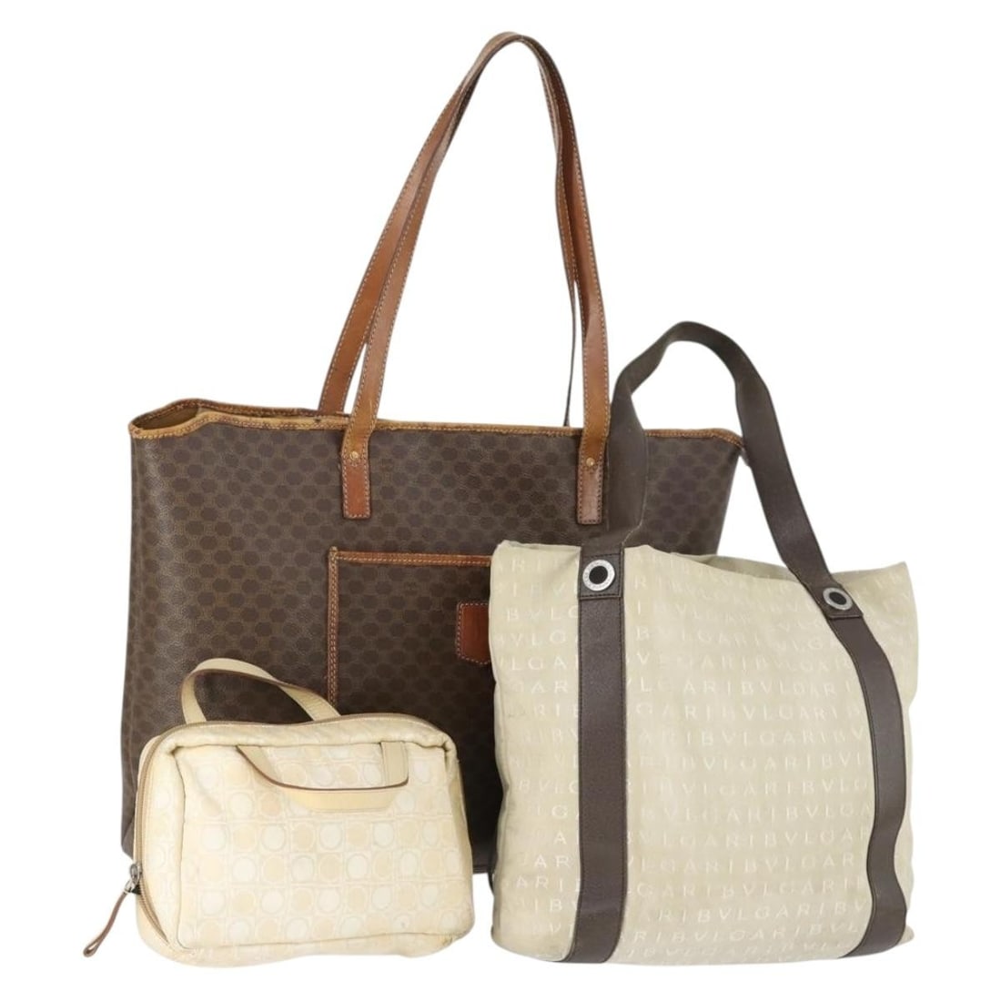 3 Piece Macadam PVC Leather Bag Set Brown Beige CELINE: 3 Piece Macadam PVC Leather Bag Set Brown Beige CELINE CELINE clutch bag in brown and beige PVC leather and Macadam canvas, made in Italy. This special 3-piece set is offered as shown in the photo, wi