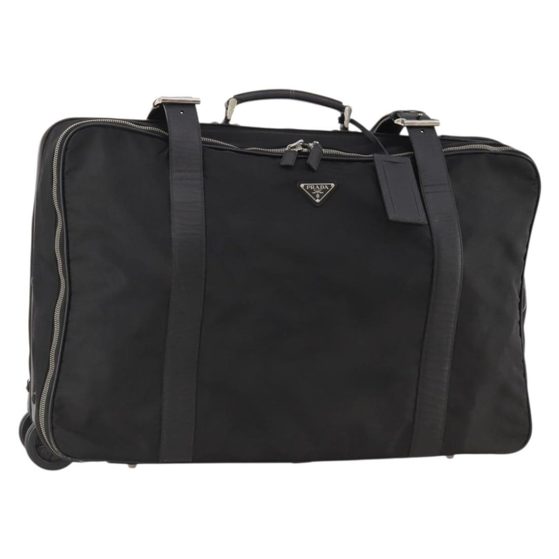 Prada Black Nylon Boston Bag with Silver Tone Hardware Name Tag: Prada Black Nylon Boston Bag with Silver Tone Hardware Name Tag A Prada Boston bag in black nylon with silver-tone accents, made in Italy. It comes with a name tag accessory and is described as heavil