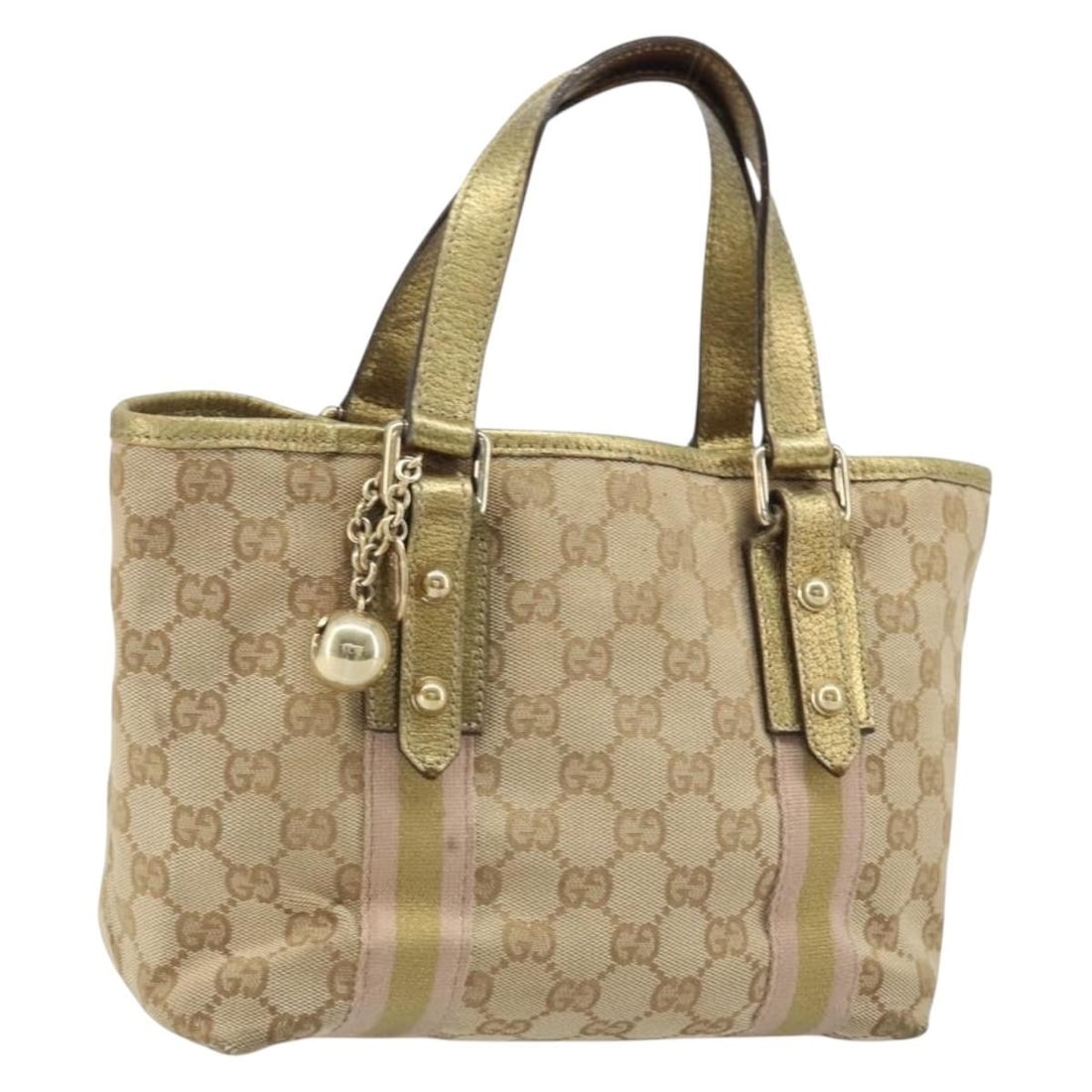 Beige Gold GG Canvas Sherry Line Handbag by Gucci 139261 with Charm: Beige Gold GG Canvas Sherry Line Handbag by Gucci 139261 with Charm This GUCCI GG Canvas Sherry Line handbag features a beige and gold exterior crafted from signature GG canvas. Designed for women, th
