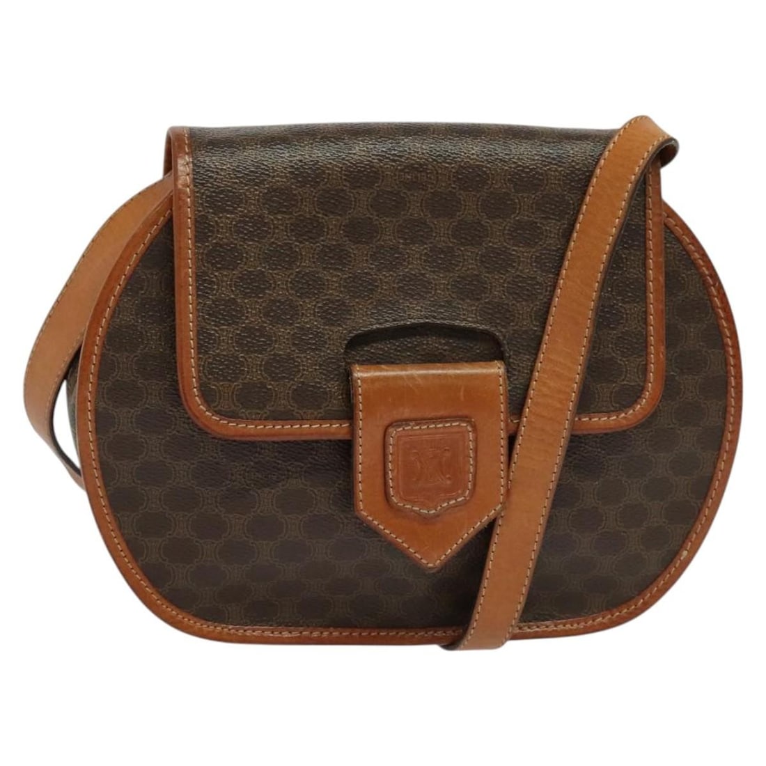 Celine Macadam Brown PVC Shoulder Bag with Gold Tone Accents: Celine Macadam Brown PVC Shoulder Bag with Gold Tone Accents This CELINE Macadam shoulder bag features brown and gold PVC leather with signature Macadam canvas. Designed for women, it offers a spaciou