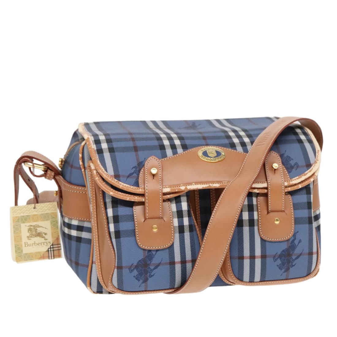 Burberrys Blue PVC Leather Shoulder Bag with Nova Check Pattern: Burberrys Blue PVC Leather Shoulder Bag with Nova Check Pattern This Burberrys Nova Check shoulder bag features a distinctive blue and gold colorway with PVC leather construction. Designed for women, 