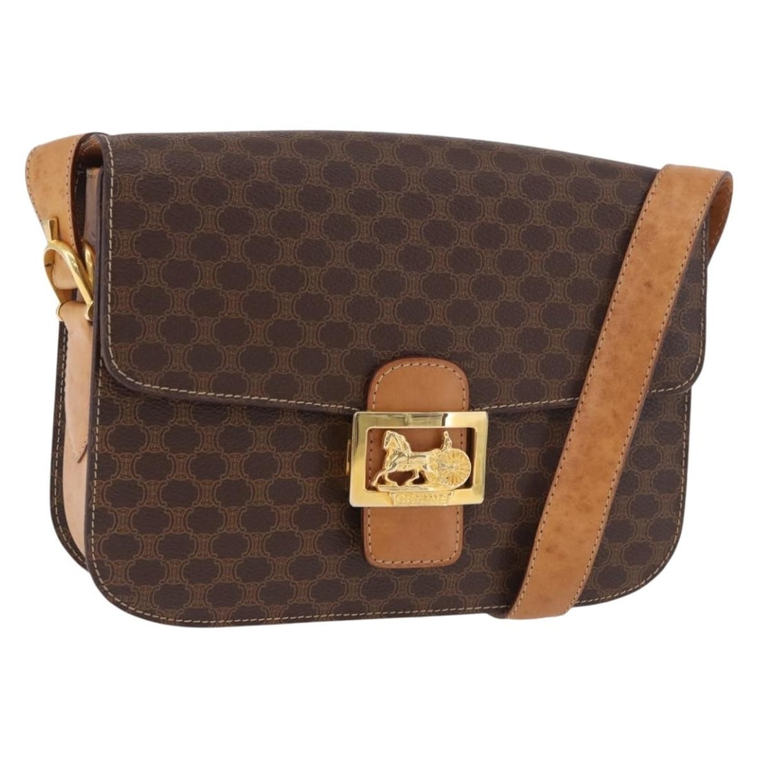 Celine Horse Carriage Macadam Shoulder Bag Brown PVC Leather: Celine Horse Carriage Macadam Shoulder Bag Brown PVC Leather A CELINE shoulder bag in brown and gold, crafted from PVC leather and Macadam canvas. Made in Italy, it features a Horse Carriage design an