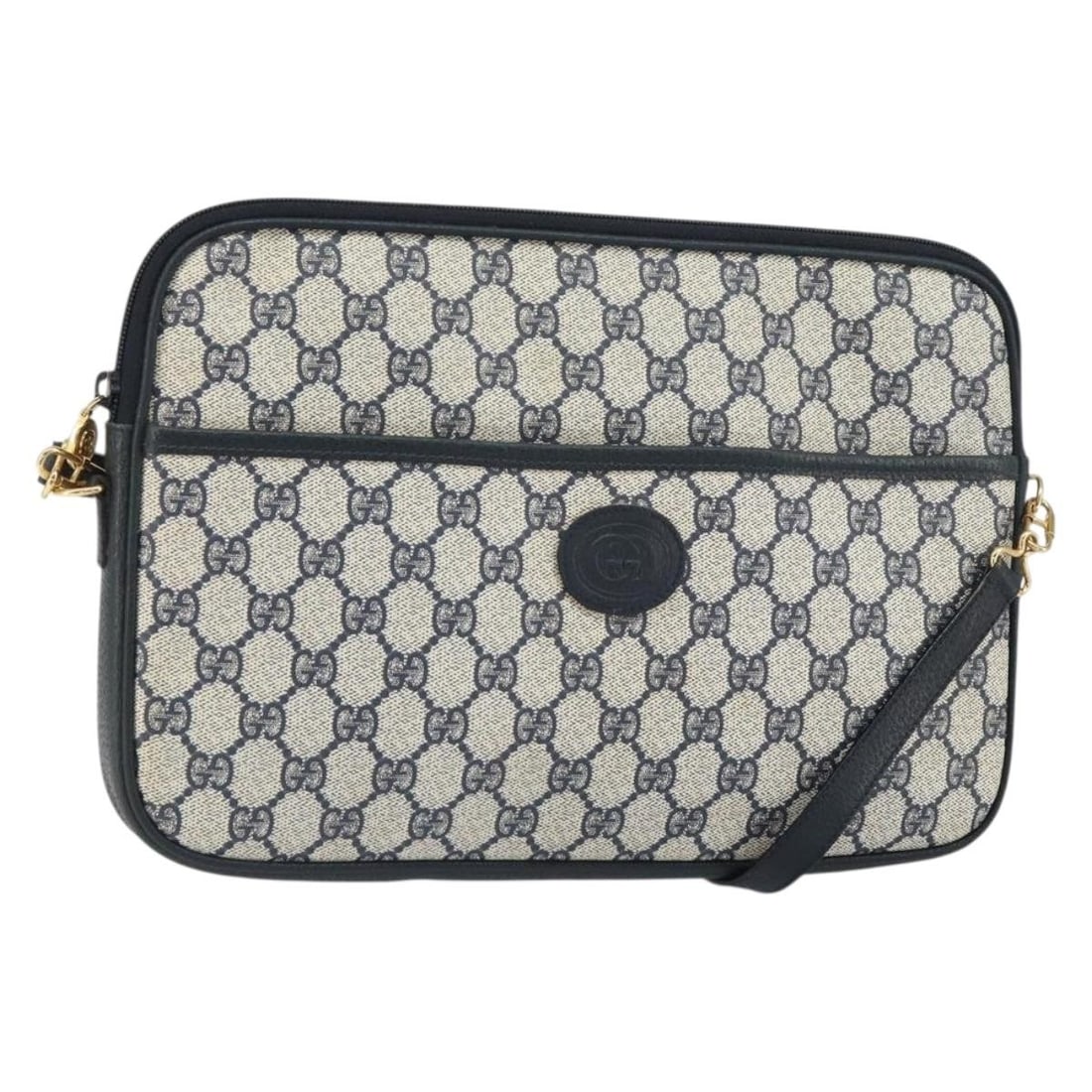 Gucci 004 89 0262 GG Supreme PVC Leather Shoulder Bag Navy Gold: Gucci 004 89 0262 GG Supreme PVC Leather Shoulder Bag Navy Gold This Gucci shoulder bag is crafted in PVC leather and GG canvas with a navy and gold colorway. It features a shoulder strap with an appr