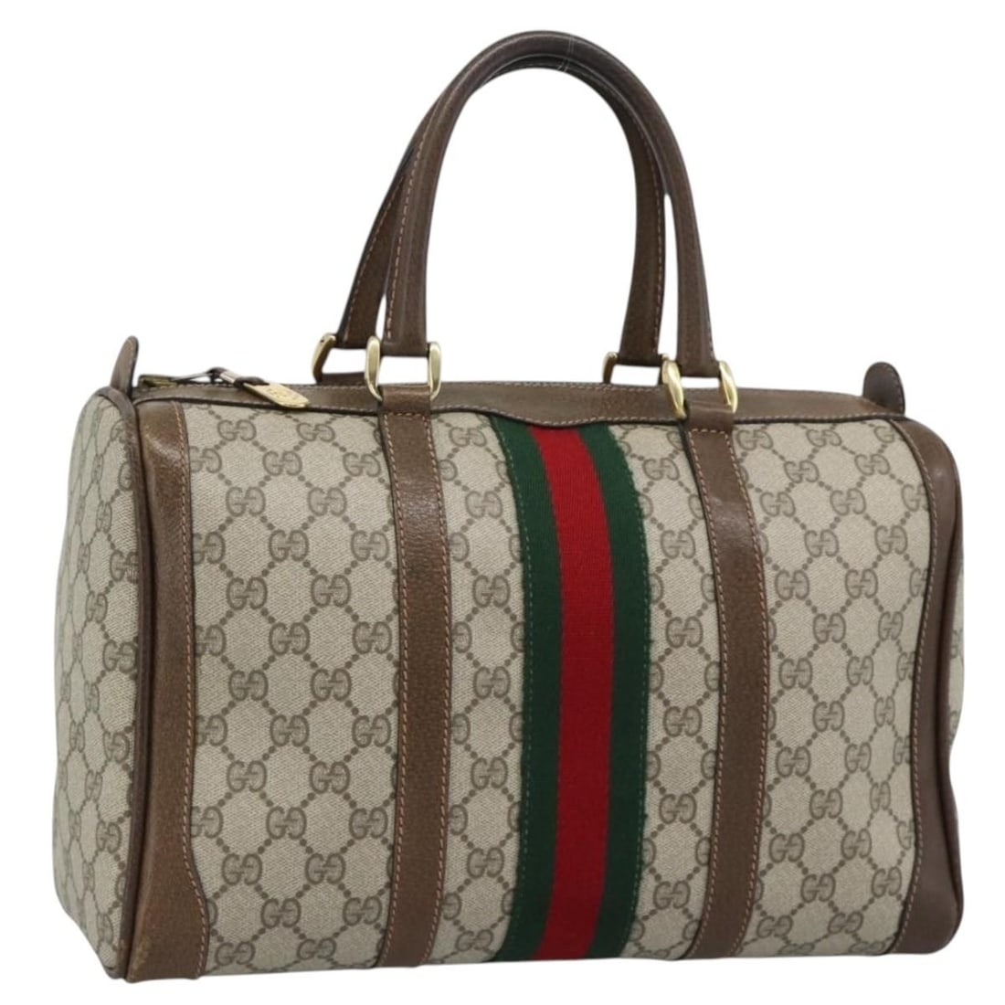 Gucci Sherry Line GG Supreme Boston Bag Beige PVC Leather: Gucci Sherry Line GG Supreme Boston Bag Beige PVC Leather Gucci Sherry Line Boston Bag in beige and gold, made from PVC leather and GG canvas. This Boston bag was made in Italy and features a handle d